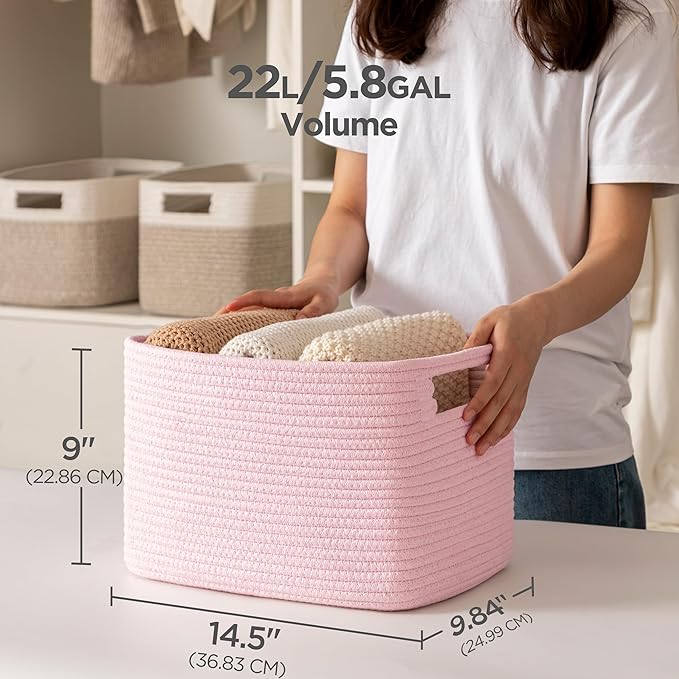 4 Pack Storage Baskets for Organizing, Shelf Baskets with Handles, Pink | 14.5"Lx9.8"Wx9"H, Woven Basket, Cotton Rope Basket, Toy Storage, Cube Shelf, Gift Baskets Empty, Home Decor - Image 2