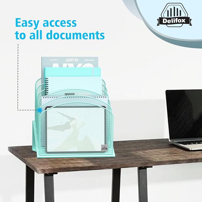 Delifox Inclined Desk File Organizer,Vertical File Folder Holder Stand Metal Rack File Sorter for Office Classroom Desktop Organization (1, Aqua, 5) - Image 5
