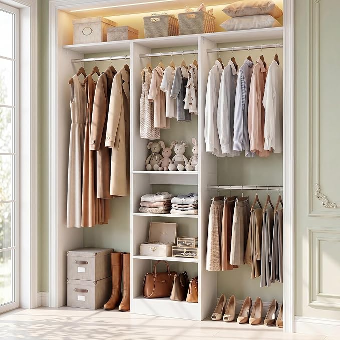 Besiost 4FT Small Closet Organizer System with 4 Hanging Rods & 3 Shelves | 48" Closet System for Small Closets, 80" H Small Closet Organizers and Storage for Bedrooms, Cloakrooms, White by Besiost