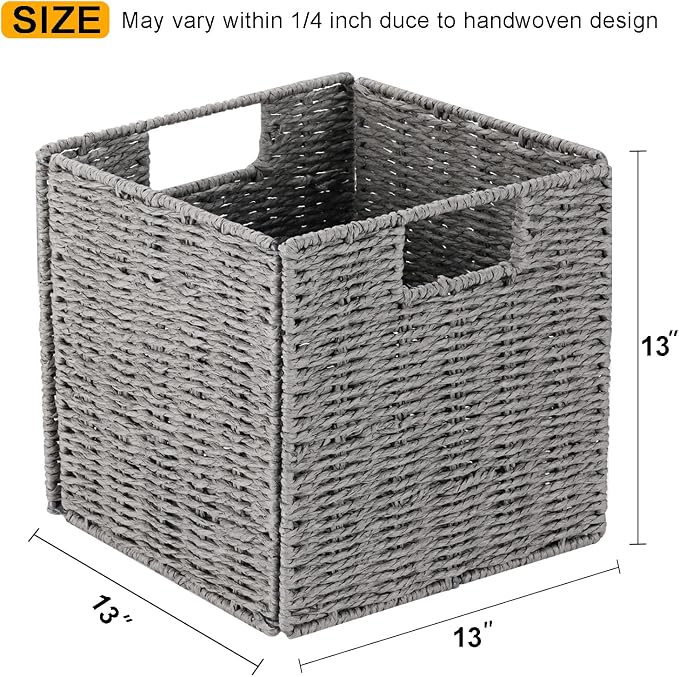 Wicker Storage Basket, Set of 2 Hand-Woven Storage Baskets for Shelves with Handles, Foldable Cube Storage Baskets Bins Organizer 13 inch Large Wicker Baskets for Pantry Bedroom Decor, Grey - Image 2