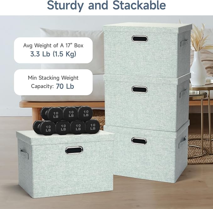 Storage Bins with Lids Fabric Closet Organizers Cubes Office Organization | 36 Quart 3 Pack Light Green Collapsible Stackable Linen Fabric 4 Handles Bedroom Closet Cabinet Under Bed Clothes Toy Office - Image 3