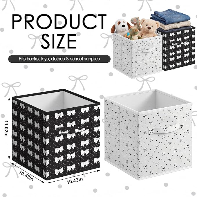Glooglitter 6 Pcs Coquette Black Bow Storage Bins with Handles 11 Inch Foldable Classroom Storage Cubes Polka Dot Organizer Baskets Black and White Collapsible Organizer Bins for School Classroom Dorm - Image 2