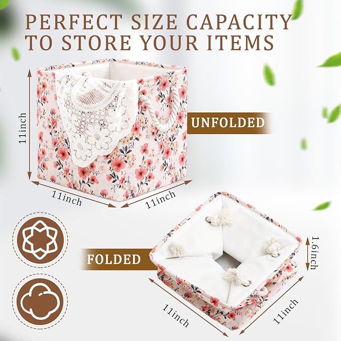 6 Pack Boho Floral Storage Bins 6 Pack, 11 Inch Cube Fabric Storage Baskets | Foldable Fabric Cube Baskets with Reinforced Handles, Floral Laundry Nursery Hamper, for Shelves, Closets, Room Organization - Image 2