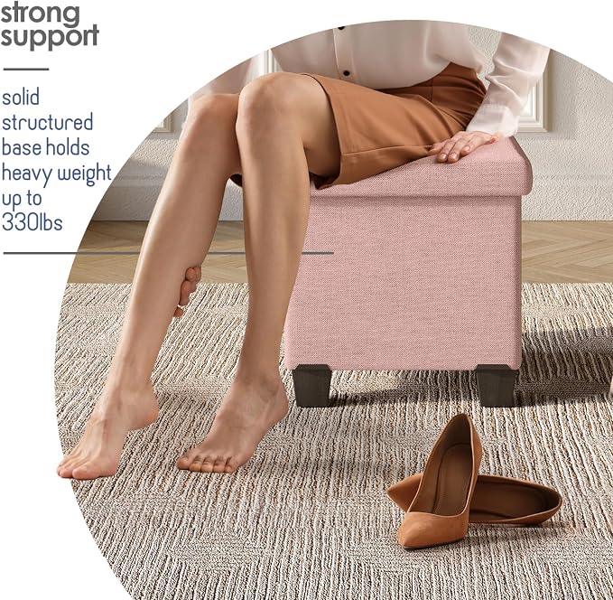 Storage Ottoman Cube with Small Bin, 15-in Square Ottoman with Storage for Living Room and Bedroom, Small Ottomans Foot Rest, Fabric Foot Stools Ottomans Max 330lbs, Pink - Image 6