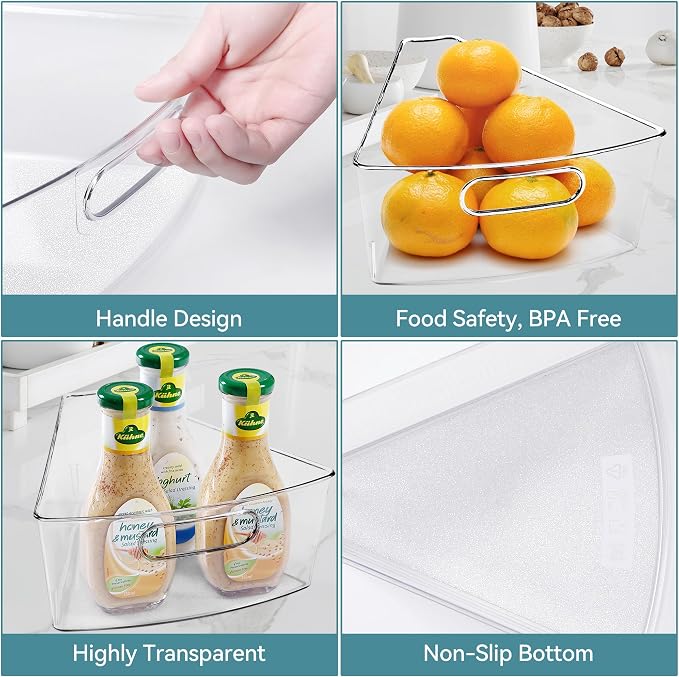 Oubonun Lazy Susan Cabinet Organizer Bins for Kitchen 6 Pack, 1/8 Wedge | For 26 4" Deep Wedge Bins with Handles and Matte Non-Slip Bottoms, Pantry Items Organized, Food Safe BAP-Free Plastic - Image 4