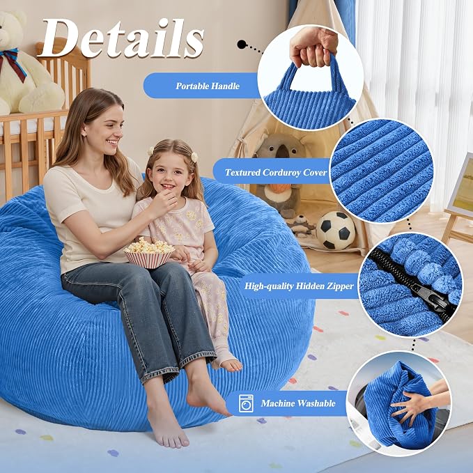 5FT Bean Bag Chair for Adults,Gaint Teardrop Beanbag with Filler | Beanbag Chair with Memory Foam Filled,Bean Bags with Handy Handle&Machine Washable Cover for Living Room,Bedroom-Blue - Image 5