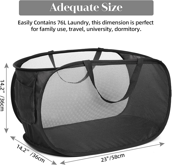 4 Pack Collapsible Laundry Baskets, Foldable Laundry Basket with Pocket, Durable Pop Up Hampers, Reinforced Handles Dirty Clothes Hamper for Laundry, Bedroom, Bathroom, Dorm, Travel or Camping Black - Image 4