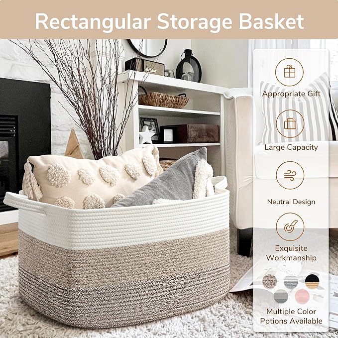 Goodpick Large Woven Rope Blanket Basket, Rectangle, Light Brown | 21.6'' x 14.9'' x 11.8'' Storage Basket for Toys, Blankets & Clothes, Living Room & Nursery Organization, Reinforced Handles - Image 7