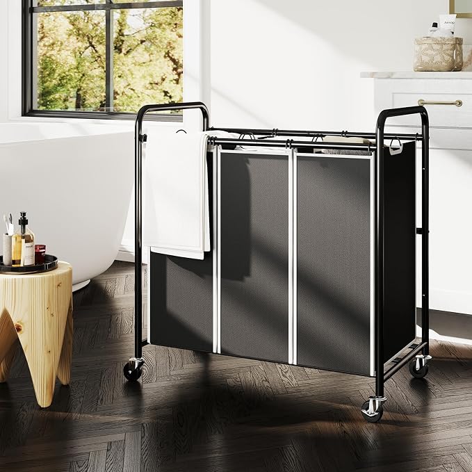 ROMOON Laundry Sorter Hamper 3 Section, Divided Laundry Basket Organizer | Rolling Clothes Hamper with Heavy Duty Lockable Wheels and Removable Bags for Apartment, Dorm & Family, 135L, Modern Black - Image 7