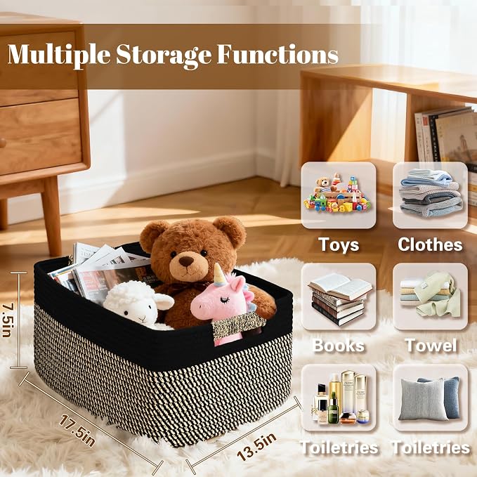 3 Pack Large Storage Basket for Organizing, 17.5"x13"x7" Woven Basket for Shelves, Closet Cube Storage Bins with Wrapped Handle, Cotton Rope Baskets for Kitchen, Clothes, Toys(Black & Brown) - Image 2