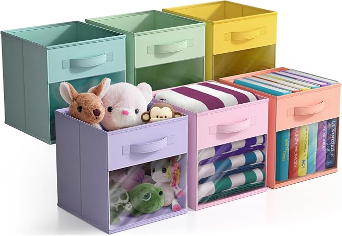 Sorbus 11 Inch Storage Bins with Clear Window - 6 Foldable Baskets for Organizing Clothes, Toys, Books - Sturdy Collapsible Fabric Storage Cubes with Handle - Storage Baskets for Shelves, Closets by Sorbus