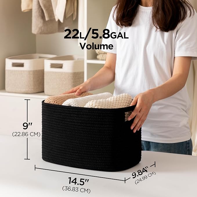 4 Pack Storage Baskets for Organizing, Shelf Baskets with Handles, Black | 14.5"Lx9.8"Wx9"H, Woven Basket, Cotton Rope Basket, Toy Storage, Cube Shelf, Gift Baskets Empty, Home Decor - Image 2