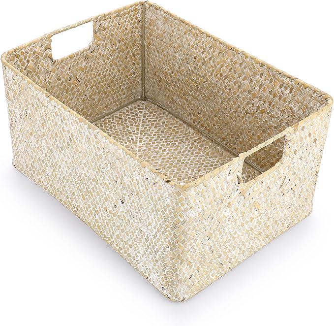 Hipiwe Wicker Shelf Baskets Seagrass Storage Opened Baskets Bin with Handle | Rectangular Closet Bedroom Basket Organizer Box, Multipurpose Woven Basket Home Organizer, Whitewash 14.6"x 10.6" x 7.1" - Image 9