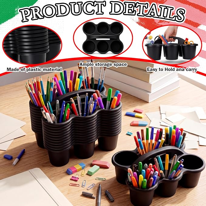 12 Pack Classroom Caddy Organizer with Handle 6 Compartment,Black | Plastic Drink Cup Caddy Holder, Portable Storage Bin, for Pencil, Glue Stick, Crayons, Marker, Table, Office, School Supplies - Image 5