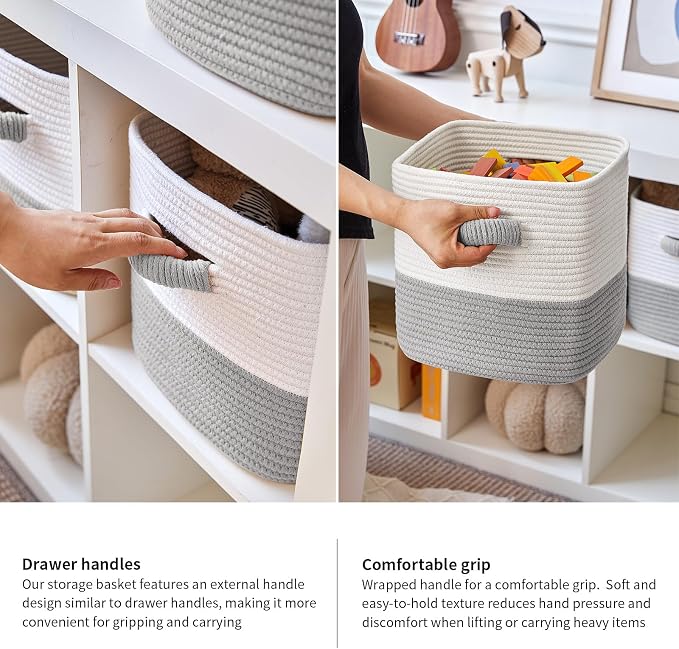 R RUNKA Storage Cube Baskets for Organizing- 3 Pack- 11 inch Square Baskets for Cube Storage, Closet Storage Bins- Woven Cube Storage Bins for Shelves- Ideal for Toy Storage |White & Grey - Image 7