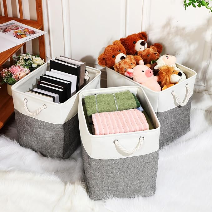 meekoo 8 Pack Collapsible Storage Bins Fabric Storage Bins Polyester Fabric Baskets with Handles Linen Closet Organizer for Shelf Home Closet Towels Toys(15 x 11 x 9.5 in,Gray White) - Image 4