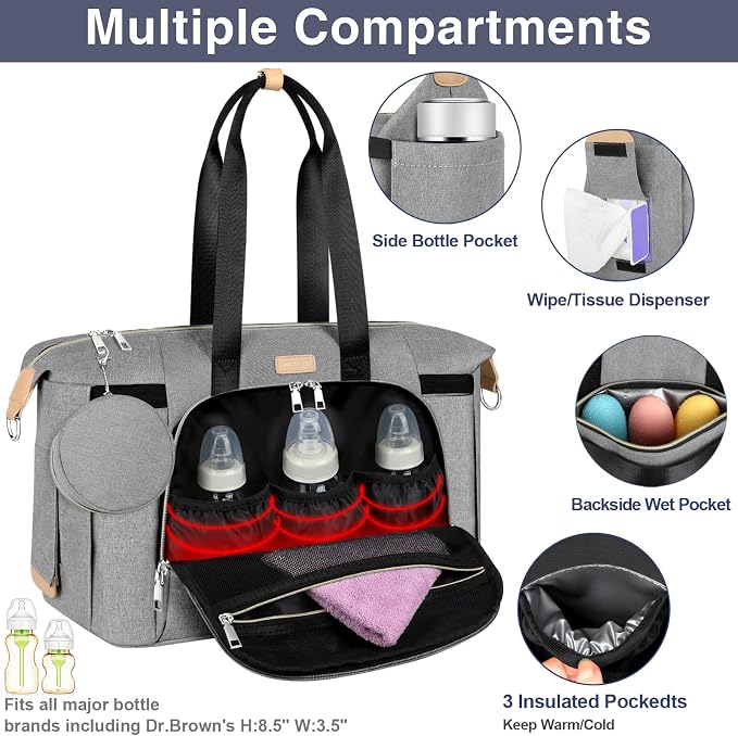 Diaper Bag Tote for Baby 7PCS, Large Mommy Bag with Portable Changing Pad | Multifunctional Hospital Bags for Labor and Delivery with Pacifier Case and Organizer Pouches,Travel Baby Bag for Boy Girl - Image 4