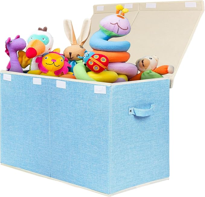 Large Toy Box Chest Storage with Flip-Top Lid, Kids Toy Storage Bin Boxes | Toy Chest with Rivets Handles for Kids, Boys, Girls, Nursery, Playroom, Living Room, Bedroom, 25"x 13" x 16" (Linen Blue) by popoly