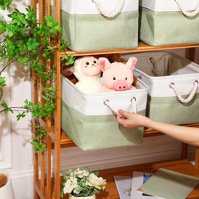 meekoo 8 Pack Collapsible Storage Bins Fabric Storage Bins Polyester Fabric Baskets with Handles Linen Closet Organizer for Shelf Home Closet Towels Toys(15 x 11 x 9.5 in,Green White) - Image 2