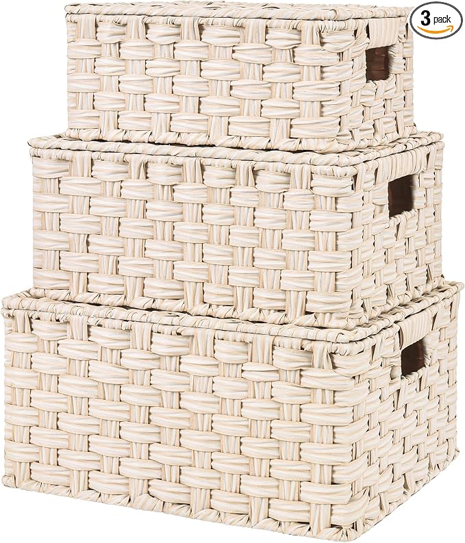 GRANNY SAYS Wicker Baskets with Lids, Woven Storage Basket with Lid | Woven Baskets with Lids, Wicker Baskets for Storage, Decorative Storage Boxes, Woven Stackable Basket with Lid, 3 Pack by GRANNYSAYS