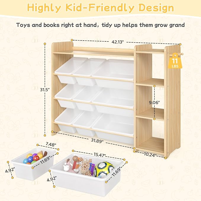 GITAWUSA Kids Toy Storage Organizer, Wooden Shelf with 3 Tiers and 9 Storage Bins, Nursery Room Organizer for Books and Toys, White and Natural Wood - Image 2