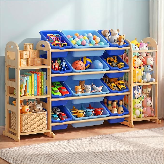 Kids Toy Storage Organizer, Toy Organizers and Storage with Stuffed Animal Storage, Toy Storage Shelf with 3 Shelves, 12 Storage Bins, Kids Bookshelf, Toy Holder for Playrooms, Bedrooms, Blue by Orekemo