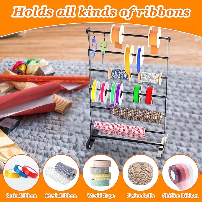 Alyoen 6 Tier Ribbon Organizer, Metal Ribbon Holder Storage Rack with Activity Hooks, Ribbon Spool Holder for Craft Room Sewing Thread Mesh Ribbon Wreath Washi Tape, Florist Arts Wrapping Gift - Image 3