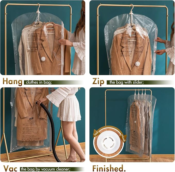 TAILI Hanging Vacuum Storage Bags for Clothes Space Saver 6 Combo Clear | Vacuum Seal Bags for Clothing Travel, Winter Clothes Storage Closet Organizers, Garment, Coats, Suits and Jackets - Image 4