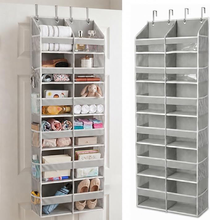 Over the Door Organizer, 6-Tier XL, 100D Fabric, Light Gray | Extra wide over the door organizer, 65 lb capacity, 12 side mesh pockets, heavy-duty 100D fabric, bedroom & nursery storage by HomeluxTheory