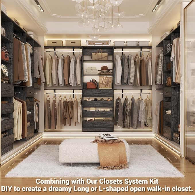 Aheaplus Closet System, Wood Closet Organizer System with Drawers,Black Oak | Set 2 Closet Wardrobe Organizer System with 4 Hanging Rods & Top Shelves, for Walk-in Closets, Cut Fits Spaces 4-9FT. Wide - Image 5