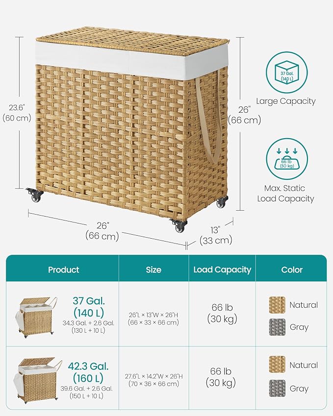 SONGMICS Rolling Laundry Hamper with Lid, 140 L 3-Section Synthetic Rattan | Laundry Basket with Wheels, Removable Liner, 26 x 13 x 26 Inches, Natural, ELIOTT Collection ULCB363N01 - Image 5