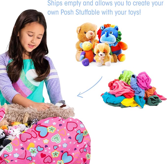 Posh Stuffable Kids Stuffed Animal Storage Bean Bag Chair Cover - Childrens Toy Organizer, Medium-27 - Canvas Multi-Colored Hearts on Pink - Image 2