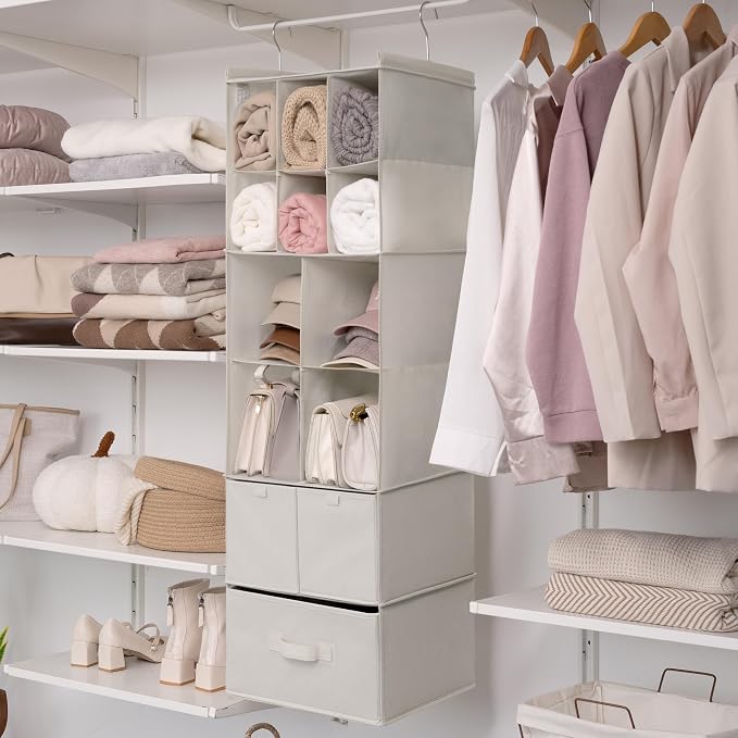GRANNY SAYS Hanging Closet Organizer, 3 Drawers, 6 Shelves, Beige | Hanging Closet Organizer with 3 Different Drawer Designs, 6 Shelves & Reinforced Structure for Organized Small Spaces - Image 4