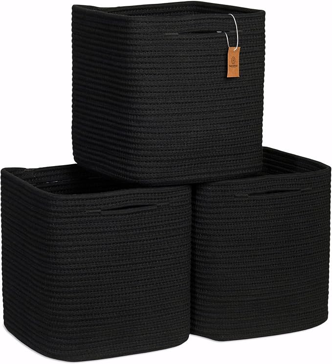NaturalCozy Storage Cubes 11 Inch Cotton Rope Woven Baskets for Organizing, 3-Pack | Cube Storage Bin | Square Storage Baskets for Shelves Organizer, Classroom, Kids Toy Bins, Closet, Baby Nursery by NaturalCozy