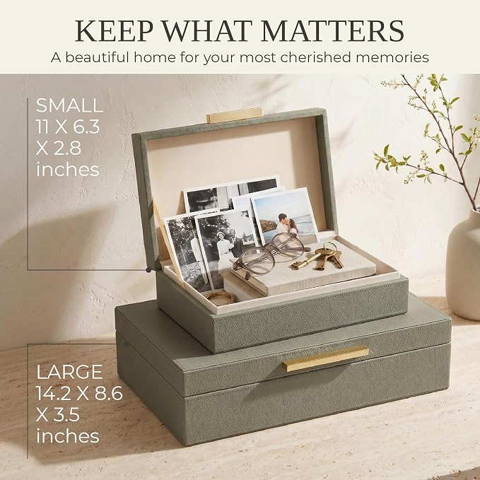 Decorative Storage Boxes with Lids - Set of 2 PU Leather Organizer Bins | Beautiful Bins for Your Bookshelf Home Decor - Safely Store Photos, Documents and Memory Box Keepsakes in Style - Image 3
