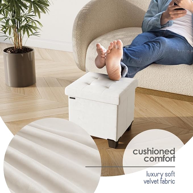 Storage Ottoman Cube with Small Bin, 15-in Square Ottoman with Storage for Living Room and Bedroom, Small Ottomans Foot Rest, Velvet Foot Stools Ottomans Max 330lbs, Cream - Image 8