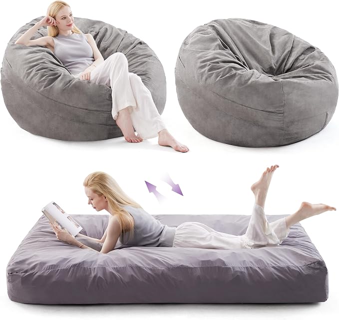 Giant Bean Bag Chair Bed for Adults, Convertible Beanbag Chairs to Floor Mattress Bed, Large Bean Bag Lazy Chair with High-Density Foam Filling, Bean Bag Couch Sofa Bed Washable, Gray White by AYEASY