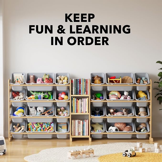 SpaceAid Large Toy Storage Organizer with 24 Bins and 3 Shelves, Toy Organizers Storage Bookshelf, Kids Bin Shelf Box Bookcase for Bedroom Playroom Organization Room Decor, Neutral Gray - Image 6