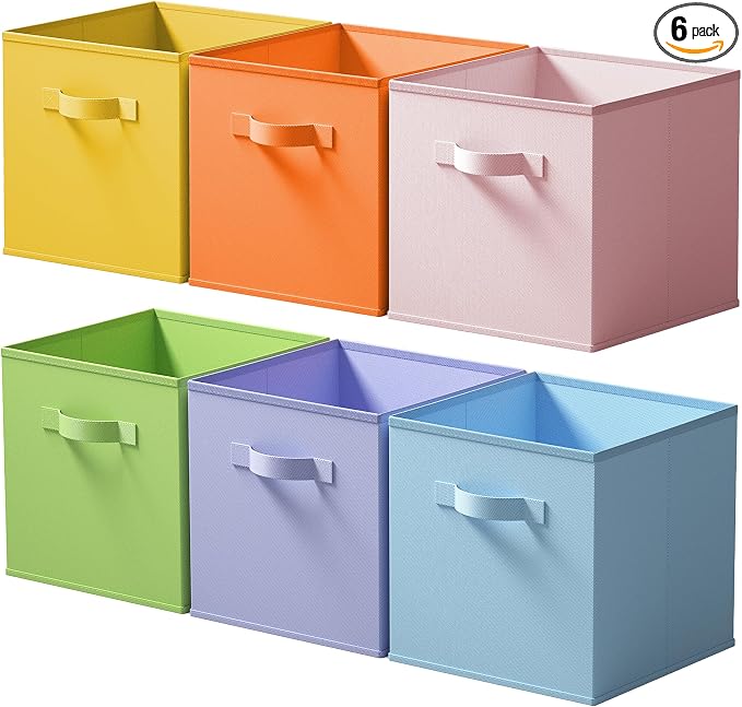 Cupic Cupid 6-Pack 13x13 Storage Cubes, Cube Organizer Bins, Pastel Colors | Foldable, Reinforced Front Handle, Holds Toys, Socks, Clothes, Fits Closet, Shelves, Playroom, Nursery, Cubby by CupicCupid