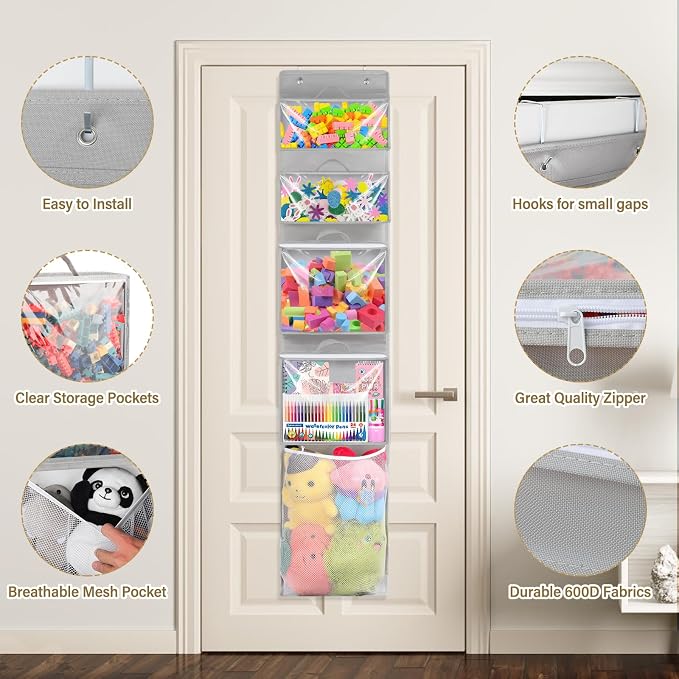 Woodoulogy 2PACK Hanging Toy Storage over Door, Block Stuffed Animal Organizer Idea with 4 Removable Case Bag, Bi-Fold Closet Holder with Mesh Pocket - Image 8