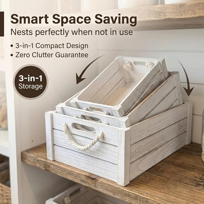 Set of 3 White Wooden Crates with Rope Handles, Nesting Decor Storage Boxes | Rustic Farmhouse Organizer for Kitchen, Living Room, Bathroom, or Pantry. Nesting Design Keeps Shelves Tidy. - Image 7