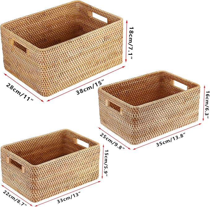 Hipiwe Rattan Wicker Storage Basket for Shelf Organizer, Large 15"x11"x7.1" | Handwoven Decorative Basket Bin with Build-in Handles, Natural Rectanguar Wardrobe Home Organizer - Image 7