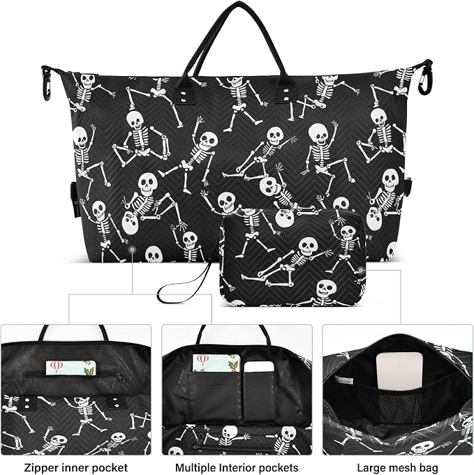 Skull Skeleton on Black Large Travel Duffel Bag Sports Tote Gym Bag Overnight Weekender Bags Carry On Luggage with Toiletry Bags - Image 2