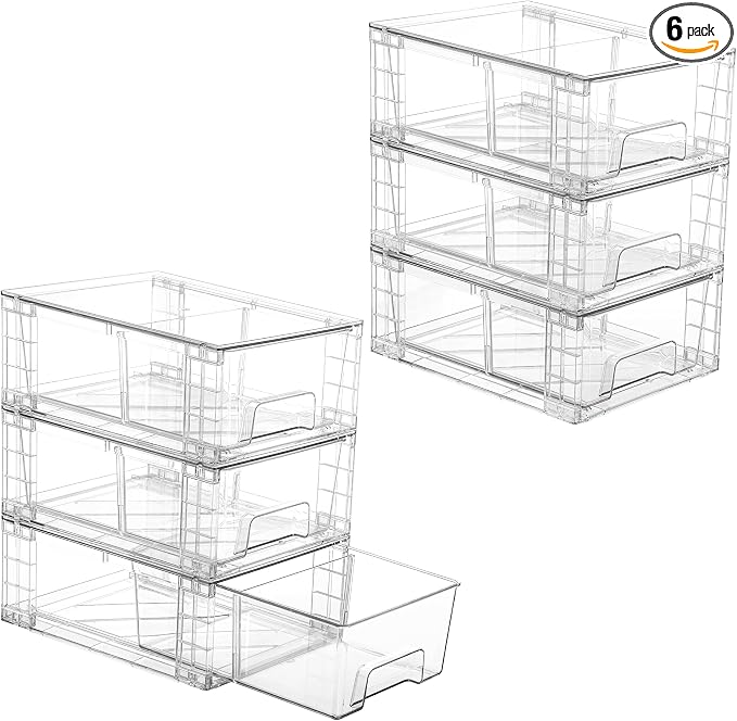 Vtopmart 6 Pack Stackable Storage Drawers,Clear Acrylic Drawer Organizers with Handles, Easily Assemble Containers for Fridge, Bathroom,Kitchen Undersink,Cabinet,Pantry Organization and Storage | Clear Drawer Organizers with Removable Dividers for Flex... by Vtopmart