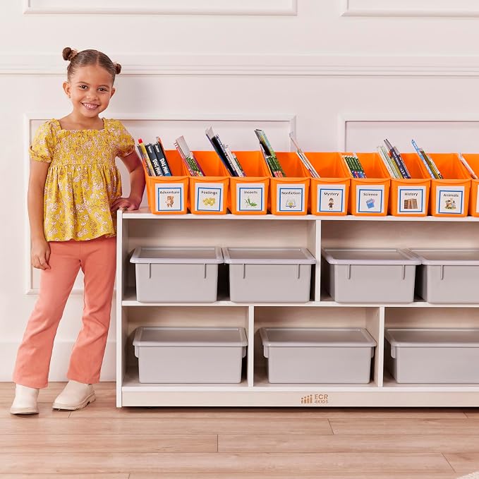 ECR4Kids Linking Storage Book Bins, Interlocking, 10-Piece, Neon Orange | Durable plastic with built-in handles, interlocking, nestable, ideal for books, magazines, and files in a classroom or office - Image 9