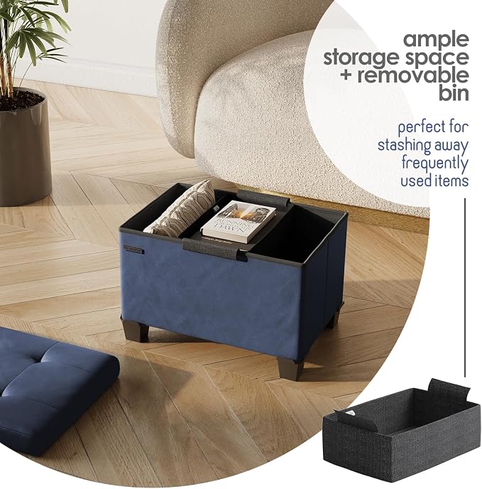 Storage Ottoman Cube with Small Bin, 16-in Square Ottoman with Storage for Living Room and Bedroom, Small Ottomans Foot Rest, Leather Foot Stools Ottomans Max 330lbs, Blue - Image 3