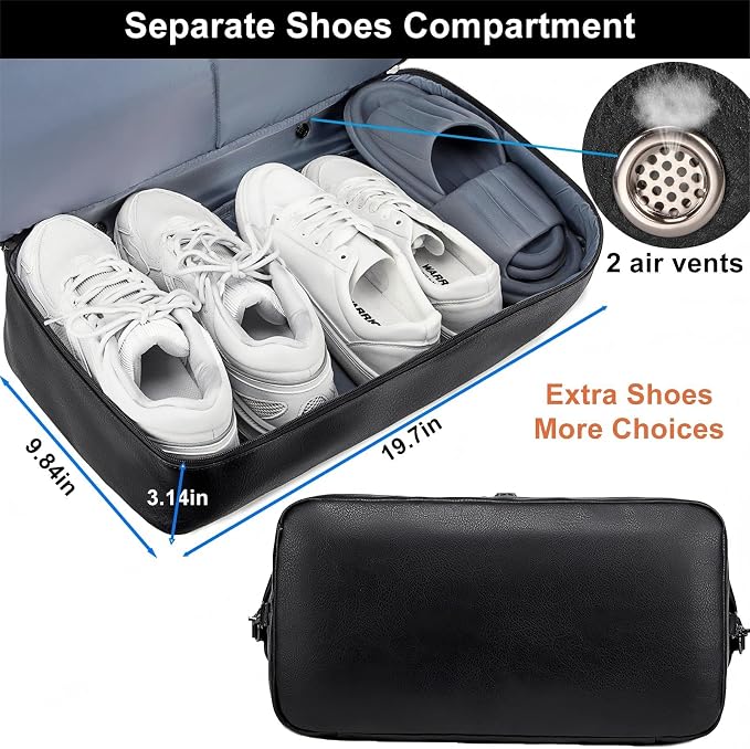 weiatas Faux Leather Travel Duffel Bag for Women Men, Large Weekender Overnight Bag with Shoes Compartment, Waterproof Carry On Bag Travel Tote Bag Gym Bag with Luggage Strap (Black) - Image 3