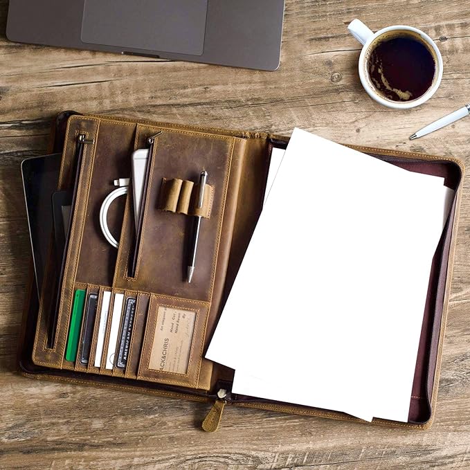 Ringsun Leather Portfolio Organizer with Zipper for Men Women, Leather Padfolio Business Resume Legal Pad Portfolio Notebook Binder for A4/Pad, Brown - Image 6