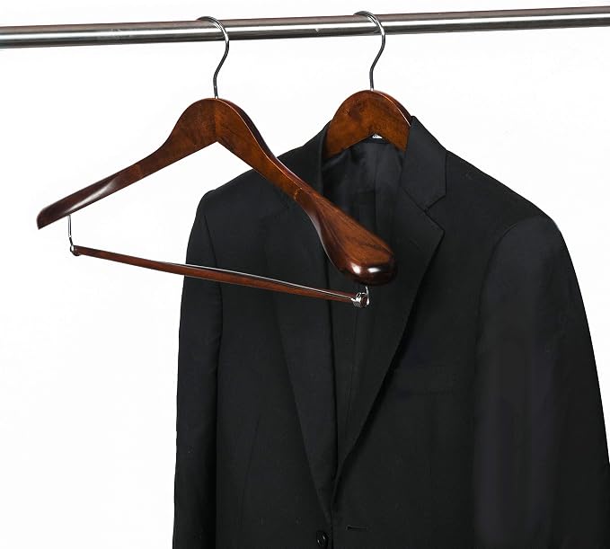 Luxury Wide Shoulder Wooden Hangers 6 Pack, with Locking Bar, Smooth Retro Finish Wood Suit Hanger Coat Hanger for Closet, Holds Up to 20lbs, 360° Swivel Hook, for Jacket, Dress Heavy Clothes Hangers - Image 2