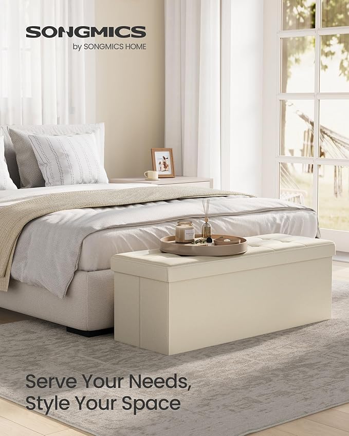 SONGMICS MAZIE Collection - 43 Inches Folding Storage Ottoman Bench, Ottoman Foot Rest, End of Bed Bench, Storage Chest, Load 660 lb, for Living Room, Bedroom, Entryway, Cream White ULSF77BE - Image 3